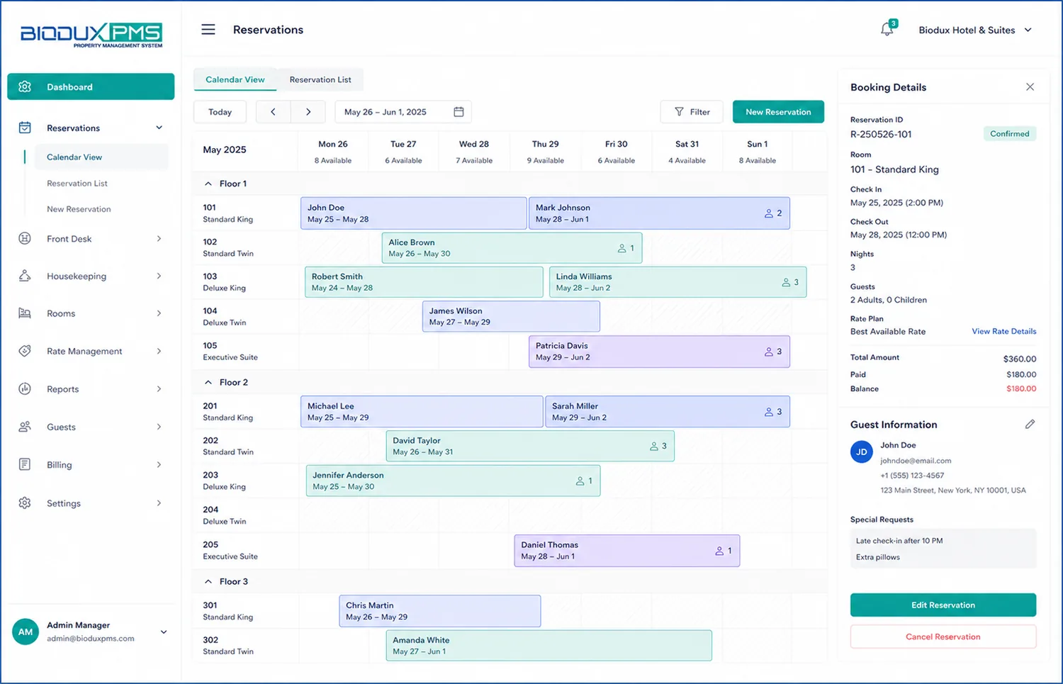 Reservations interface