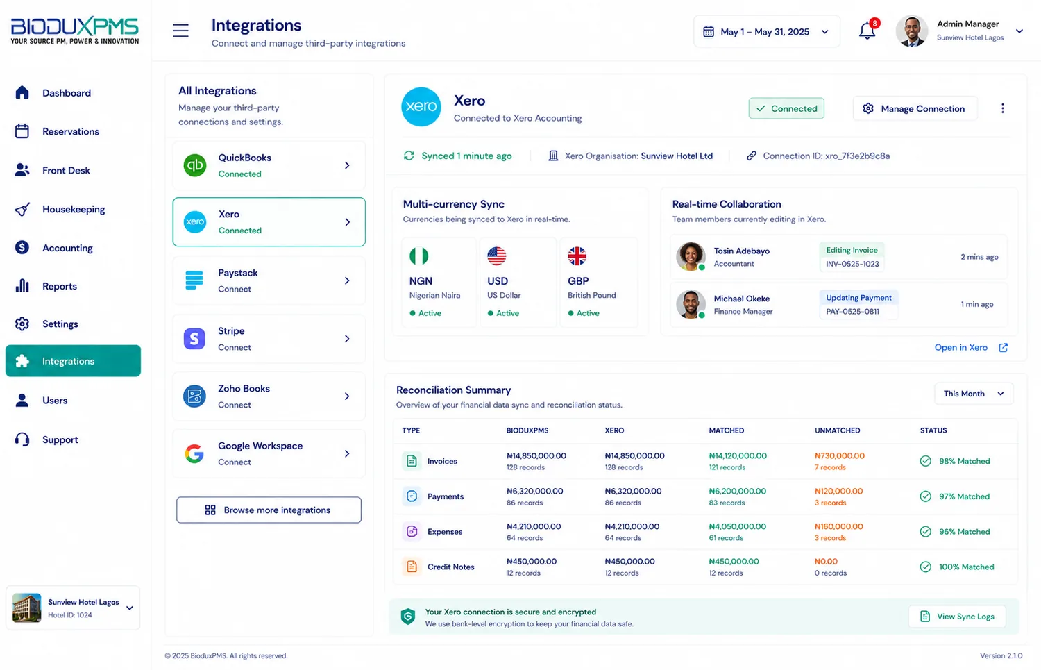 Xero integration interface