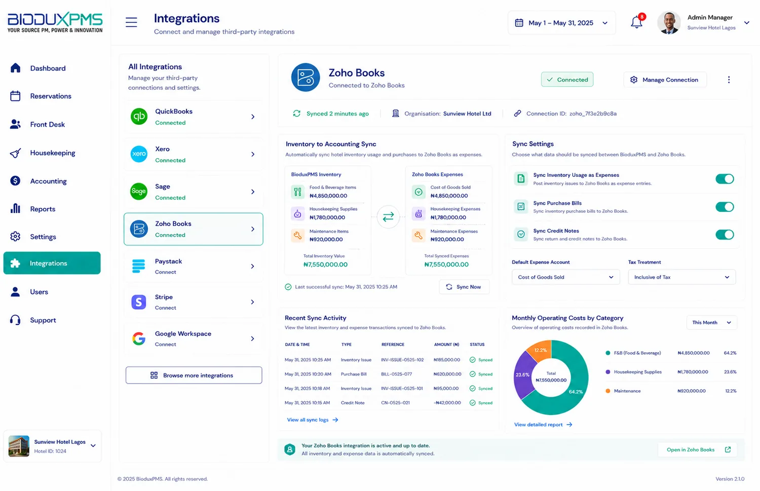 Zoho Books integration interface