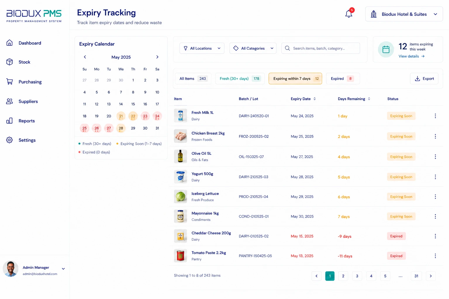 Expiry Tracking interface
