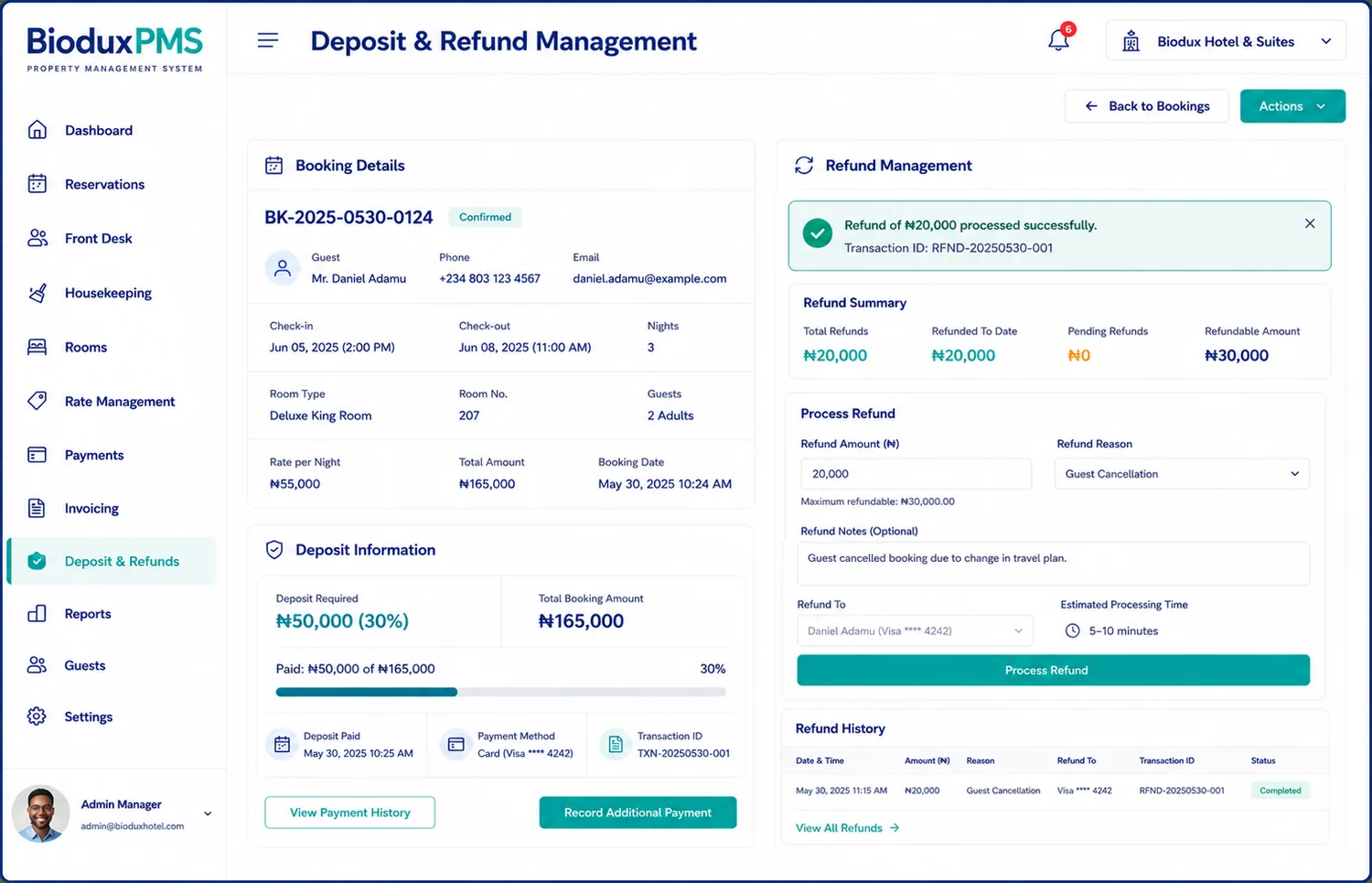 Deposit and Refund Management interface